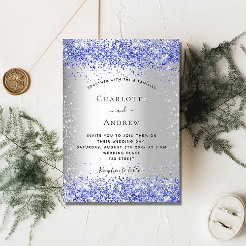 Silver blue glitter luxury wedding invitation