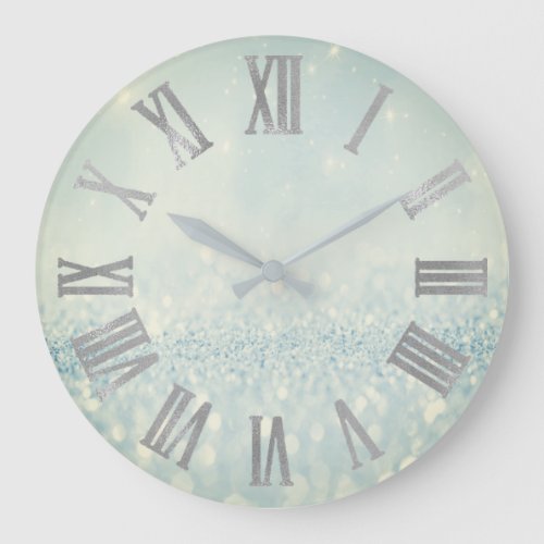 Silver Blue Glitter Minimal Metallic Roman Numers Large Clock