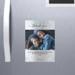 Silver blue glitter photo thank you magnet<br><div class="desc">A faux silver looking background color,  decorated with blue faux glitter. Large hand lettered script with swashes and the text: Thank You. Personalize and add your photo,  thank you note and name.</div>