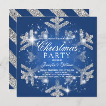 Silver & Blue Glitter Snowflake Xmas Holiday Party Invitation