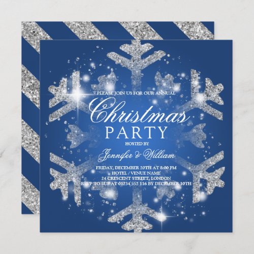 Silver  Blue Glitter Snowflake Xmas Holiday Party Invitation
