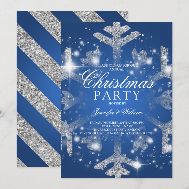 Silver Blue Glitter Snowflake Xmas Holiday Party Invitation (Front/Back)