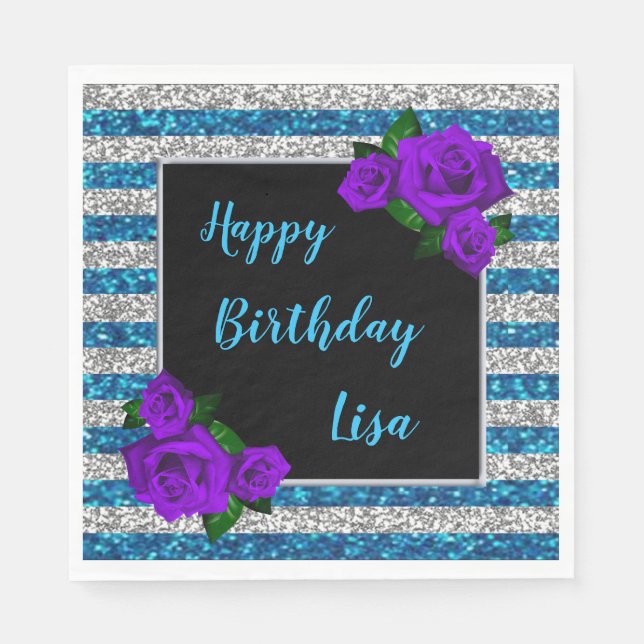 Silver Blue Glitter Stripes Purple Roses Birthday Napkins (Front)