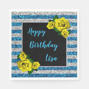 Silver Blue Glitter Stripes Yellow Roses Birthday Napkins