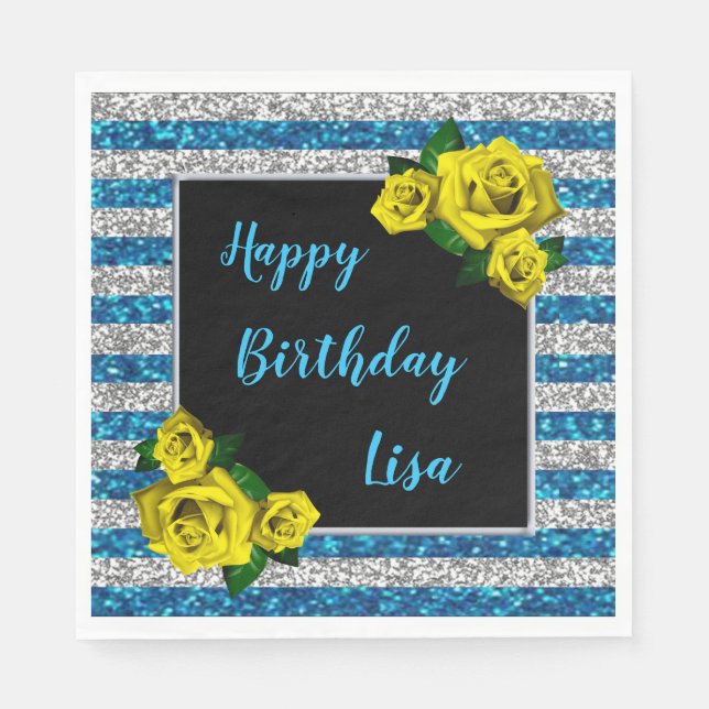 Silver Blue Glitter Stripes Yellow Roses Birthday Napkins (Front)