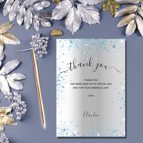 Silver blue glitter thank you card