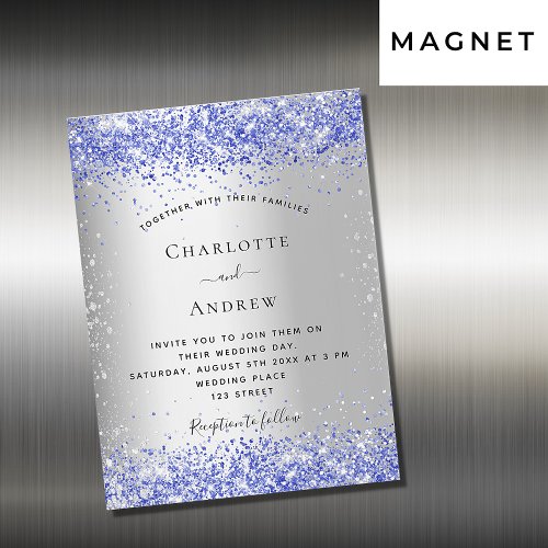 Silver blue glitter wedding magnet invitation