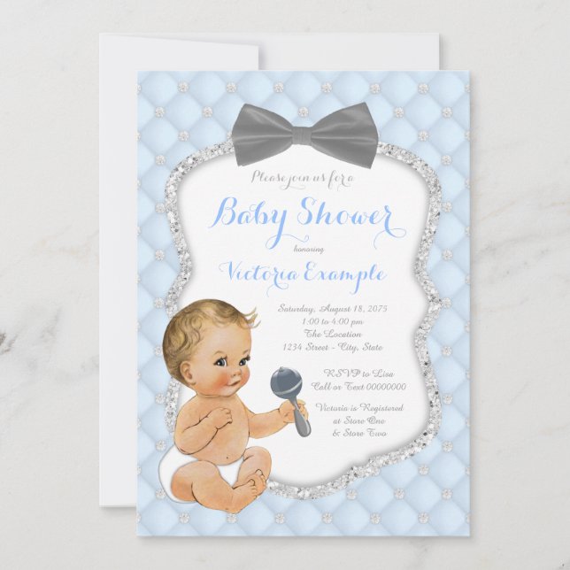 Silver Blue Gray Bow Tie Boy Baby Shower Invitation (Front)