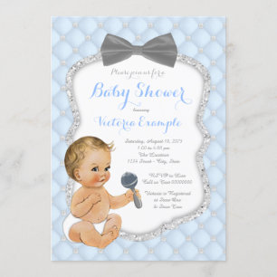 Silver Blue Gray Bow Tie Boy Baby Shower Invitation