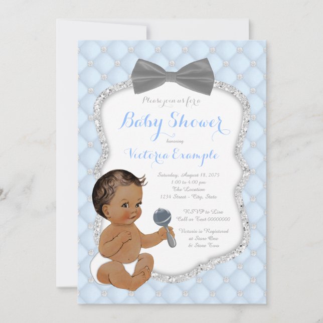 Silver Blue Gray Bow Tie Ethnic Boy Baby Shower Invitation (Front)