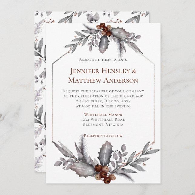 Silver, Blue Gray, Rusty Brown Winter Wedding Invitation (Front/Back)
