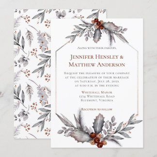 Silver, Blue Gray, Rusty Brown Winter Wedding Invitation