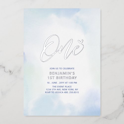 Silver  Blue Heart One 1st Boy Birthday Party Foil Invitation