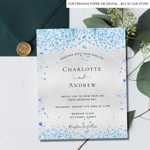 Silver blue hearts budget wedding invitation flyer