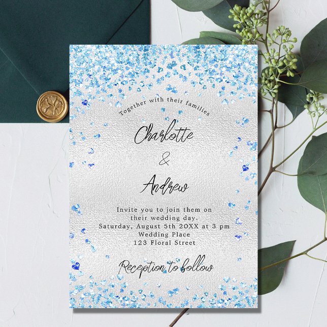 Silver blue hearts budget wedding invitation postcard (Creator Uploaded)