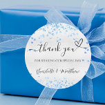 Silver blue hearts thank you wedding classic round sticker<br><div class="desc">Faux silver background,  decorated with small light blue hearts.   With the text: Thank you for sharing our special day,  with a small heart.   Personalize and add your names.</div>