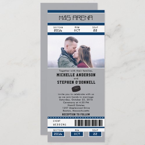 Silver Blue Hockey Ticket Wedding Invitation