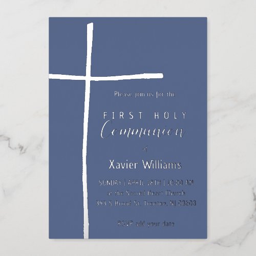 Silver blue Holy cross First Holy Communion Foil Invitation