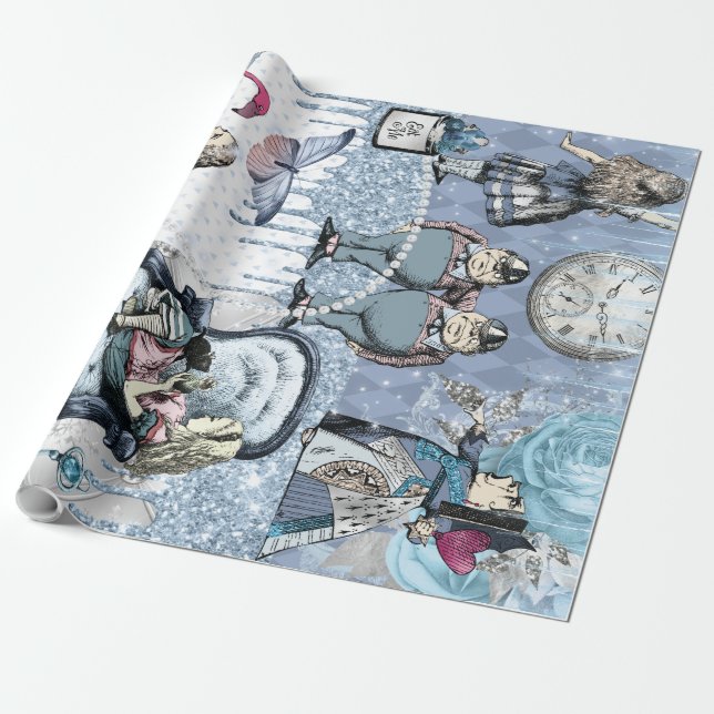 Silver Blue Ice Alice in Wonderland Wrapping Paper (Unrolled)