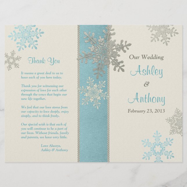 Silver Blue Ivory Snowflake Winter Wedding Program (Front)
