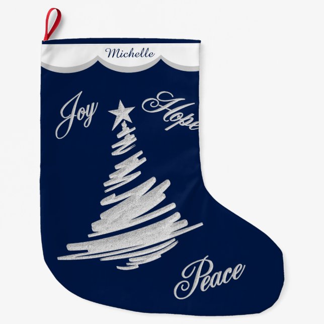 Silver Blue Joy Hope Peace Large Christmas Stocking (Front)