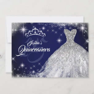 Silver Blue Lace Diamond Gown Tiara Quinceanera Invitation