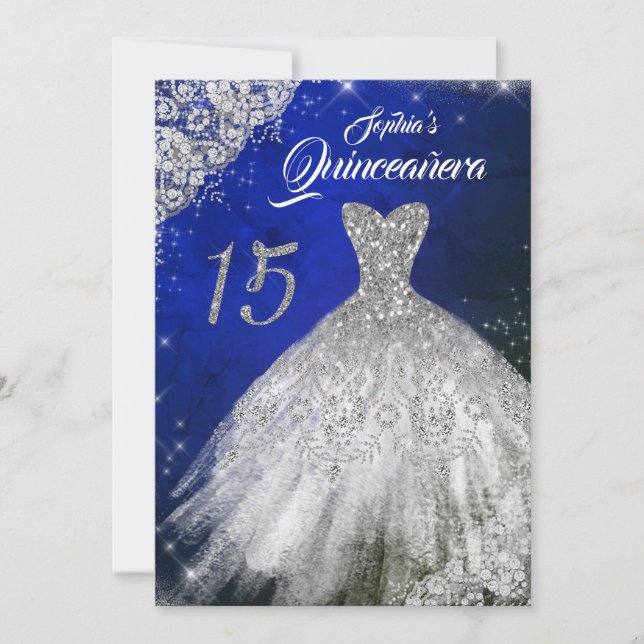 Silver Blue Lace Diamond Sparkle Gown Quinceanera Invitation (Front)