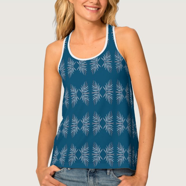 Silver-Blue Leaf Pattern Racerback Tank Top (Front)
