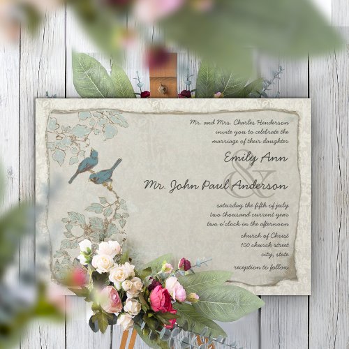 Silver Blue Love Bird Damask Wedding Invitations