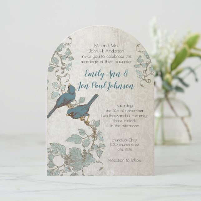 Silver Blue Love Birds Arch Shape Wedding Invitation (Standing Front)