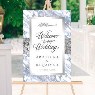 Silver Blue Marble Muslim Wedding Welcome Sign