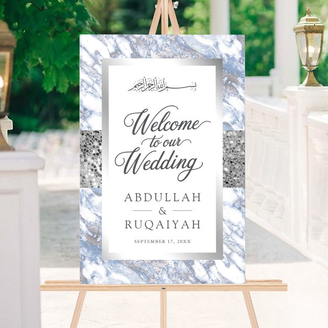 Silver Blue Marble Muslim Wedding Welcome Sign (Creator Uploaded)