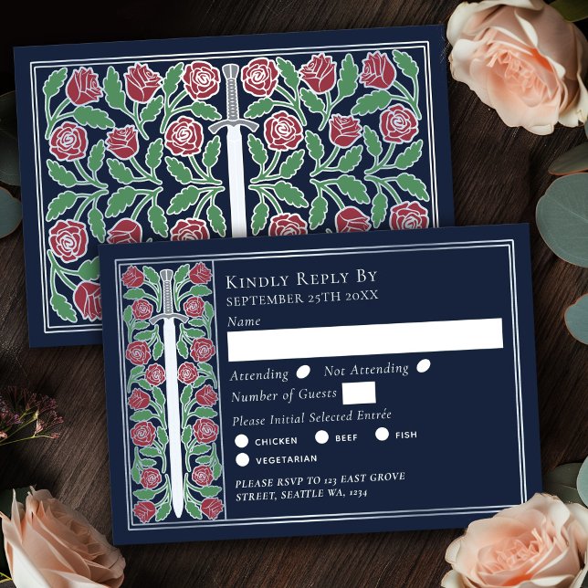 Silver Blue Medieval Floral Sword Wedding RSVP Card (Creator Uploaded)