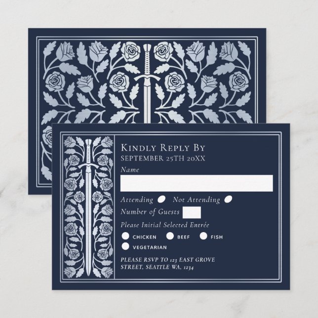Silver Blue Medieval Sword Wedding RSVP Card (Front/Back)