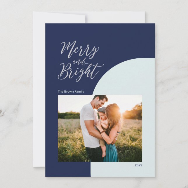Silver & Blue | Merry & Bright Christmas Greeting Card (Front)