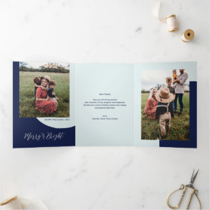 Silver & Blue   Merry & Bright Christmas Photo Tri-Fold Holiday Card