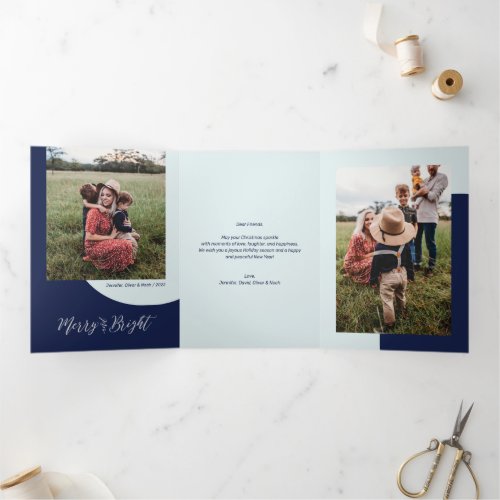 Silver  Blue  Merry  Bright Christmas Photo Tri_Fold Holiday Card