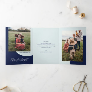 Silver & Blue Merry & Bright Christmas Photo Tri-Fold Holiday Card