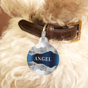 Silver blue metal agate marble name pet ID tag