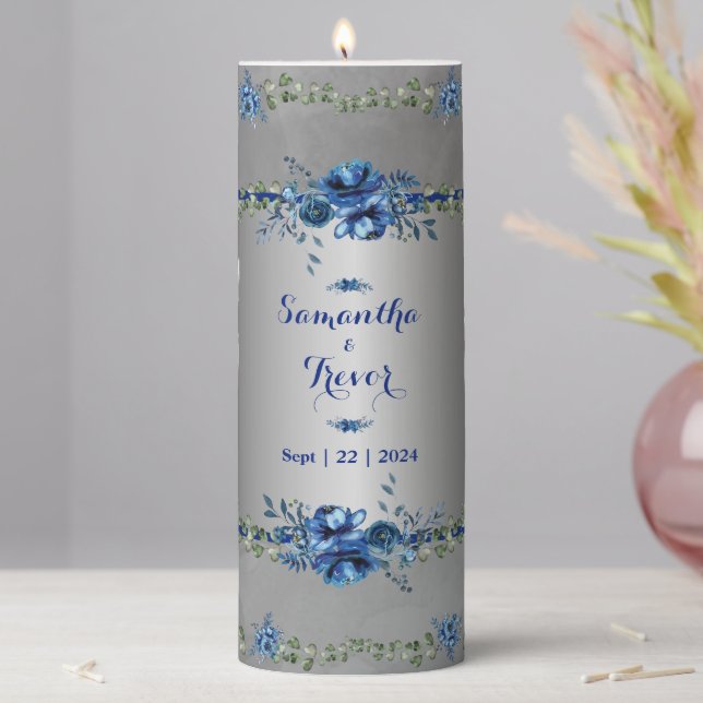 Silver & Blue Metallic Petals: A Taste of Elegance Pillar Candle (In Situ)