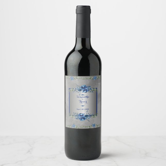 Silver & Blue Metallic Petals Wine Label (Front)