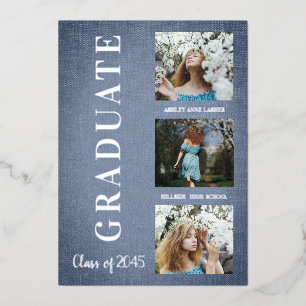 Silver Blue Modern 3 Photos Graduation Texture Foil Invitation