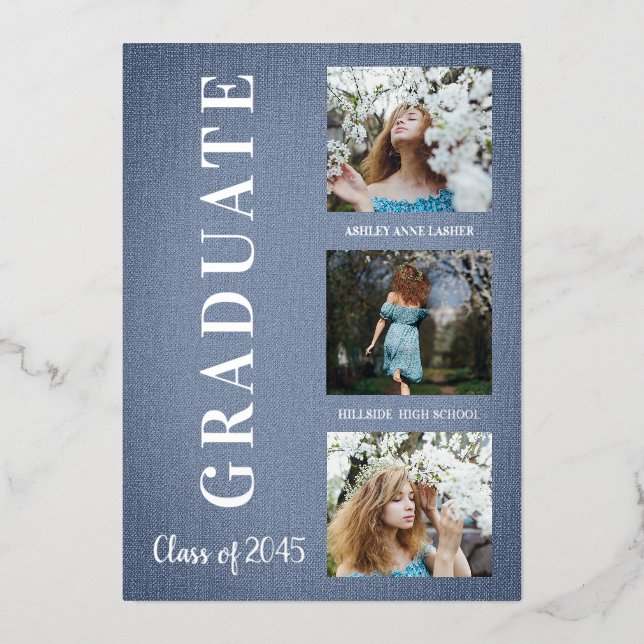Silver Blue Modern 3 Photos Graduation Texture Foil Invitation (Front)