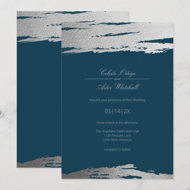 Silver & Blue Modern Abstract Elegant Faux Foil Invitation (Front/Back)