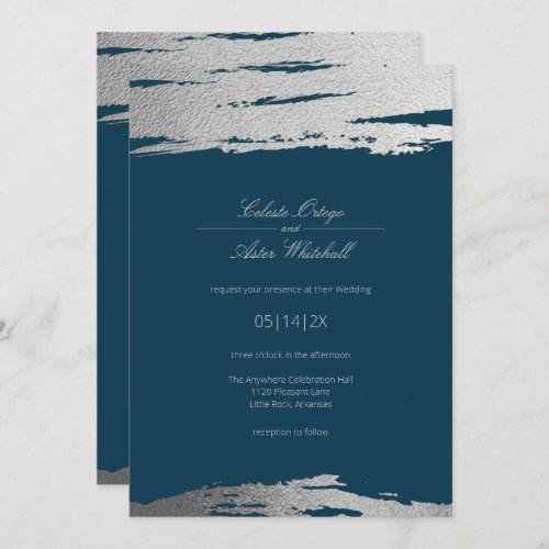 Silver  Blue Modern Abstract Elegant Faux Foil Invitation