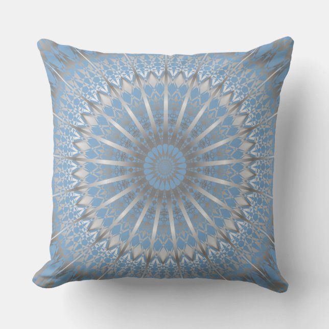 Silver Blue Modern Geometric Mandala Throw Pillow (Front)