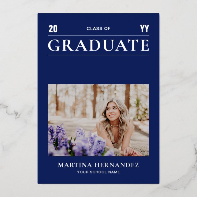 Silver & Blue Modern Photo Graduation Announcement (Front)