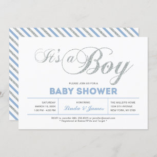 Silver, Blue Modern Typography Boy Baby Shower Invitation