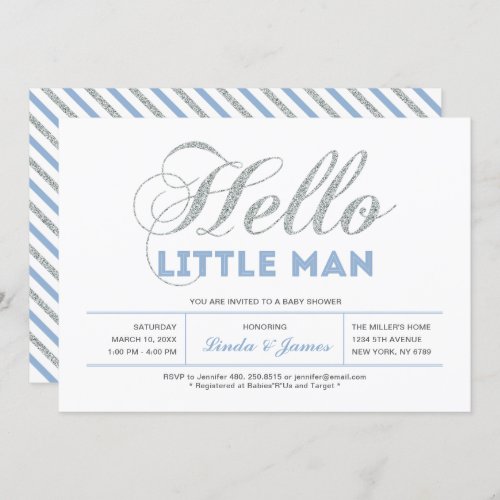 Silver Blue  Modern Typography Boy Baby Shower Invitation