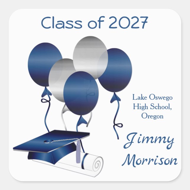 Silver blue Mortar, diploma, balloons Class of Square Sticker (Front)